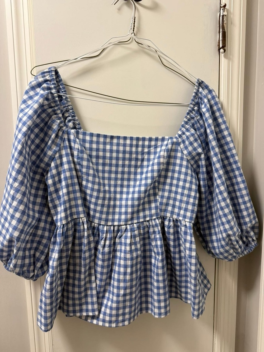 English Factory Light Blue & White Gingham Square-Neck Peplum Top